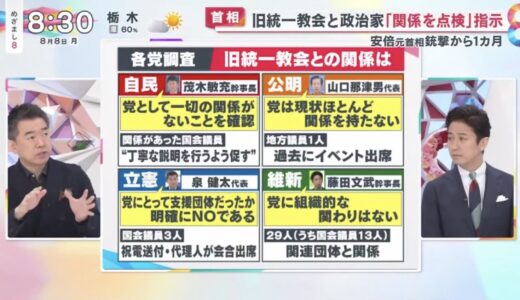 橋下徹が『政治家は統一教会との関係を断ち切らないといけない』と語る【めざまし8 2022年8月8日】